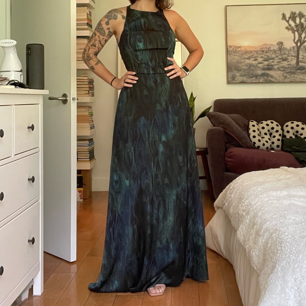 Brazilian silk dress with peacock feather pattern